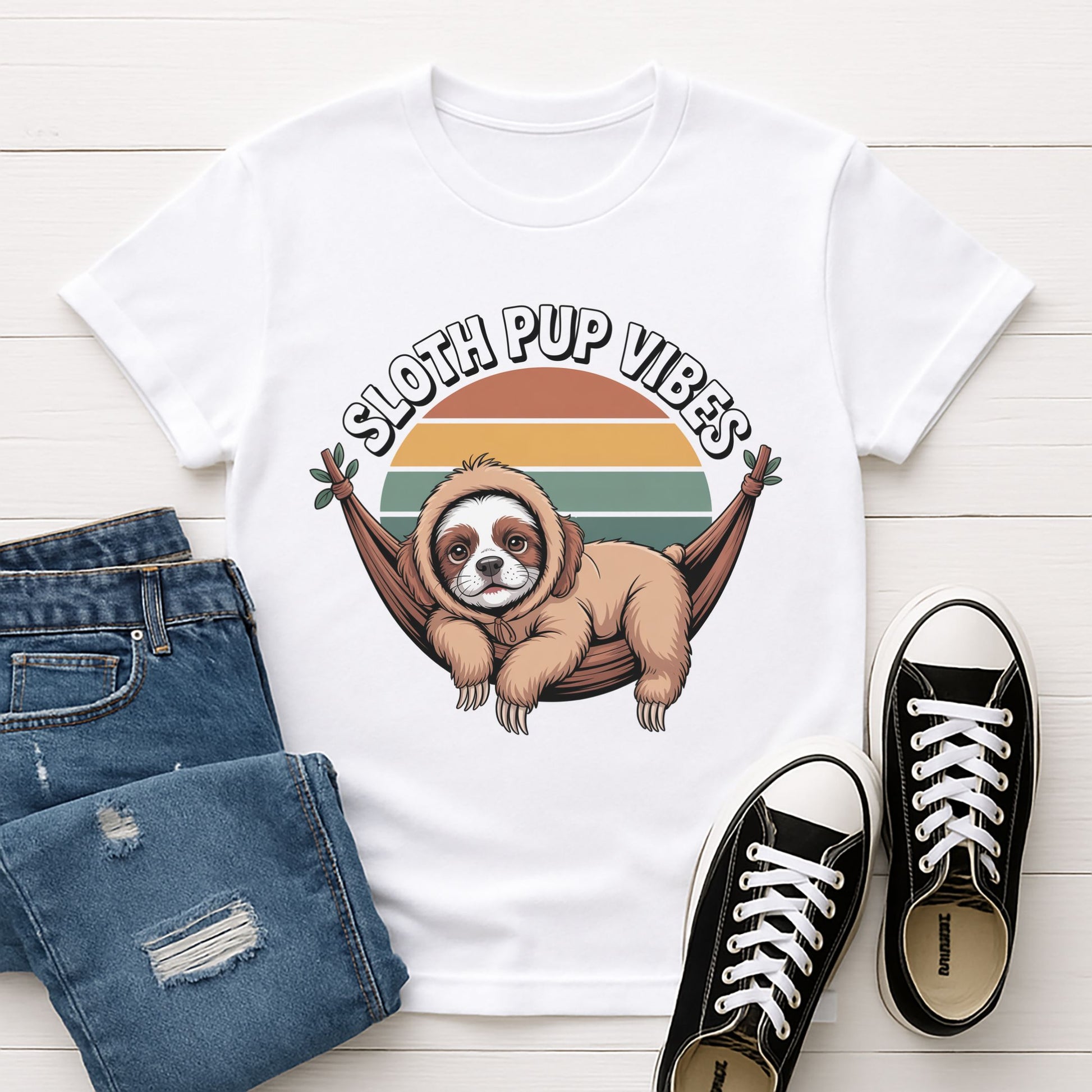 White Gildan 6400 unisex t-shirt with retro dog graphic and ‘Sloth Pup Vibes’ text, perfect for dog lovers.