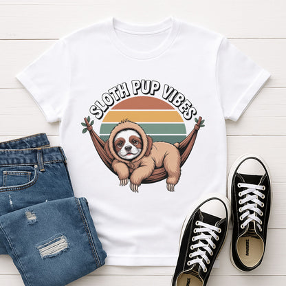 White Gildan 6400 unisex t-shirt with retro dog graphic and ‘Sloth Pup Vibes’ text, perfect for dog lovers.