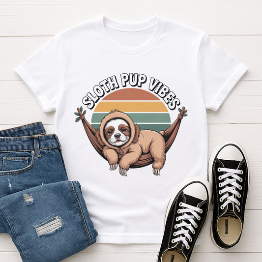 White Gildan 6400 unisex t-shirt with retro dog graphic and ‘Sloth Pup Vibes’ text, perfect for dog lovers.