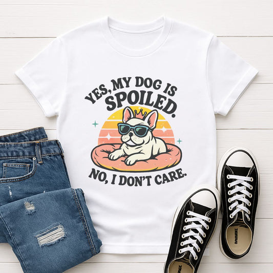 White Gildan 6400 unisex t-shirt with retro dog graphic and ‘Yes, My Dog Is Spoiled - No, I Don't Care’ text, perfect for dog lovers.