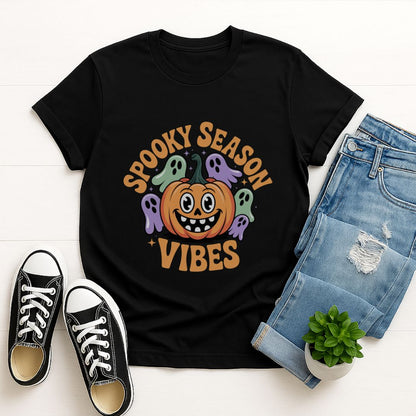 Black Gildan 6400 unisex t-shirt with retro dog graphic and ‘Spooky Season Vibes.’ text, perfect for dog lovers.