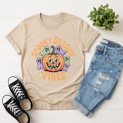 Sand Beige Gildan 6400 unisex t-shirt with retro dog graphic and ‘Spooky Season Vibes.’ text, perfect for dog lovers.