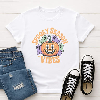 White Gildan 6400 unisex t-shirt with retro dog graphic and ‘Spooky Season Vibes.’ text, perfect for dog lovers.