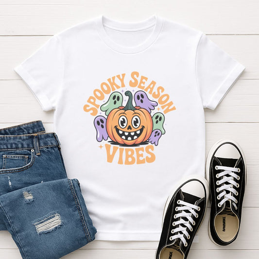 White Gildan 6400 unisex t-shirt with retro dog graphic and ‘Spooky Season Vibes.’ text, perfect for dog lovers.