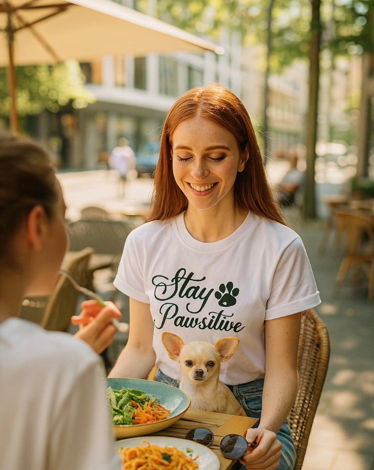 Woman sitting at an outdoor cafe with a dog on her lap, wearing a 'Stay Pawsitive' t-shirt.