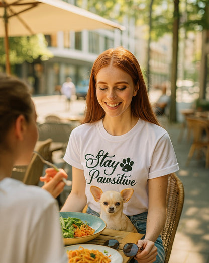Woman sitting at an outdoor cafe with a dog on her lap, wearing a 'Stay Pawsitive' t-shirt.