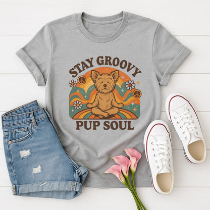 Sport Gray Gildan 6400 unisex t-shirt with retro dog graphic and ‘Stay Groovy Pup Soul’ text, perfect for dog lovers.
