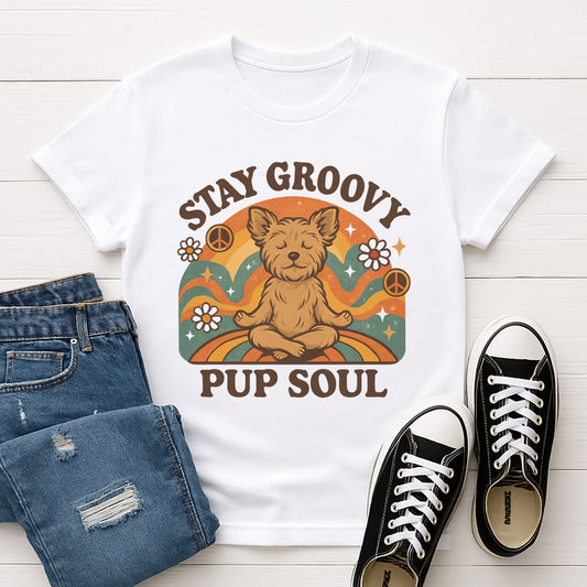 White Gildan 6400 unisex t-shirt with retro dog graphic and ‘Stay Groovy Pup Soul’ text, perfect for dog lovers.