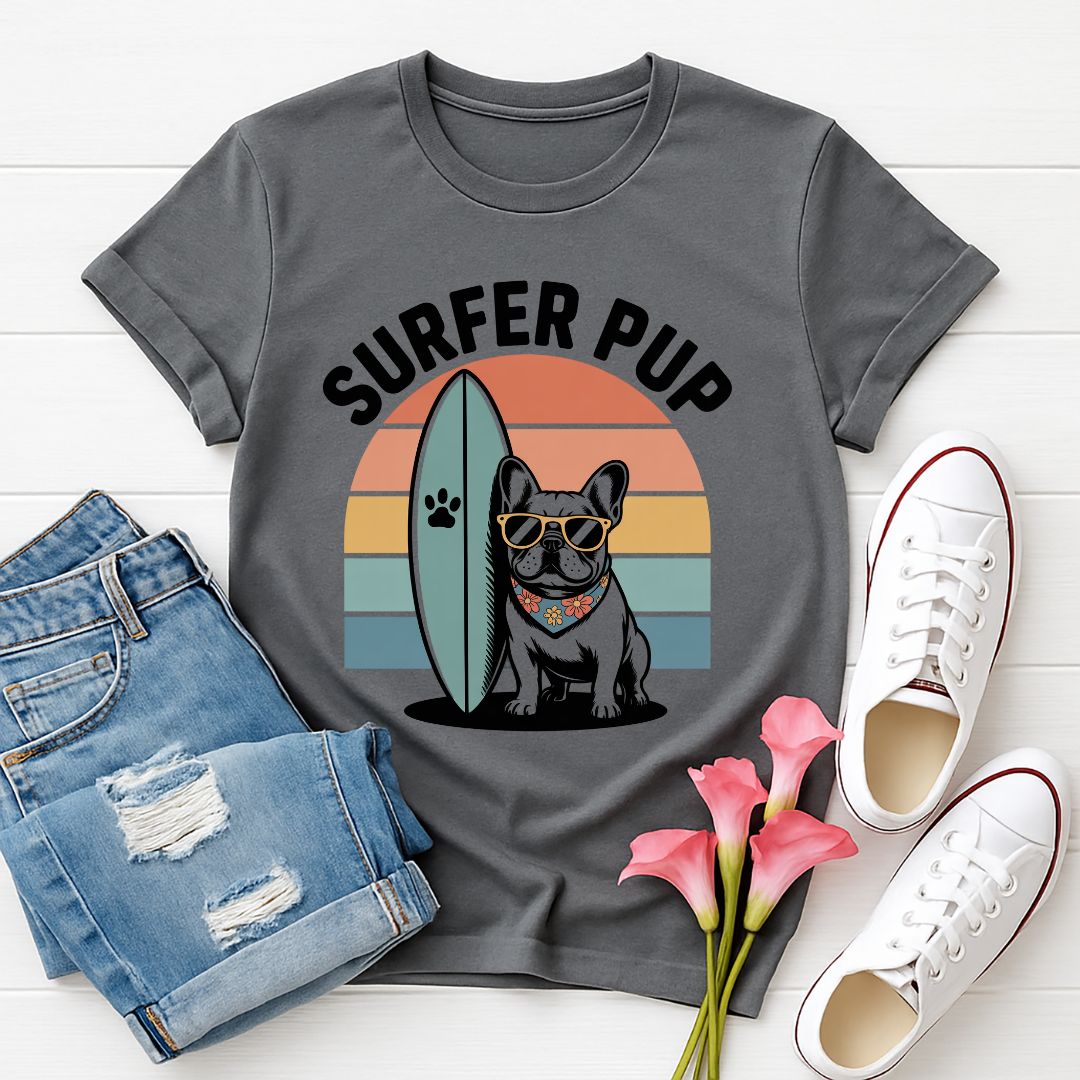 Charcoal Gray Gildan 6400 unisex t-shirt with retro dog graphic and ‘Surfer Pup.’ text, perfect for dog lovers.