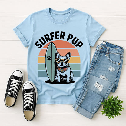 Light blue Gildan 6400 unisex t-shirt with retro dog graphic and ‘Surfer Pup.’ text, perfect for dog lovers.