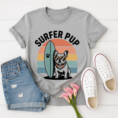 Sport Gray Gildan 6400 unisex t-shirt with retro dog graphic and ‘Surfer Pup.’ text, perfect for dog lovers.