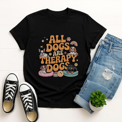 Black Gildan 6400 unisex t-shirt with retro dog graphic and ‘All Dogs Are Therapy Dogs' text, perfect for dog lovers.