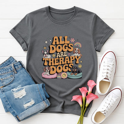 Charcoal Gray Gildan 6400 unisex t-shirt with retro dog graphic and ‘All Dogs Are Therapy Dogs' text, perfect for dog lovers.