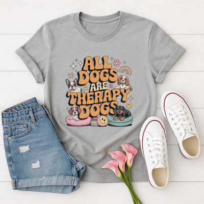 Sport Gray Gildan 6400 unisex t-shirt with retro dog graphic and ‘All Dogs Are Therapy Dogs' text, perfect for dog lovers.