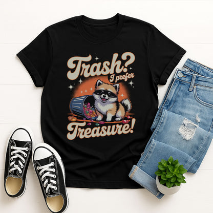 Black Gildan 6400 unisex t-shirt with retro dog graphic and ‘Trash? I Prefer Treasure!’ text, perfect for dog lovers.