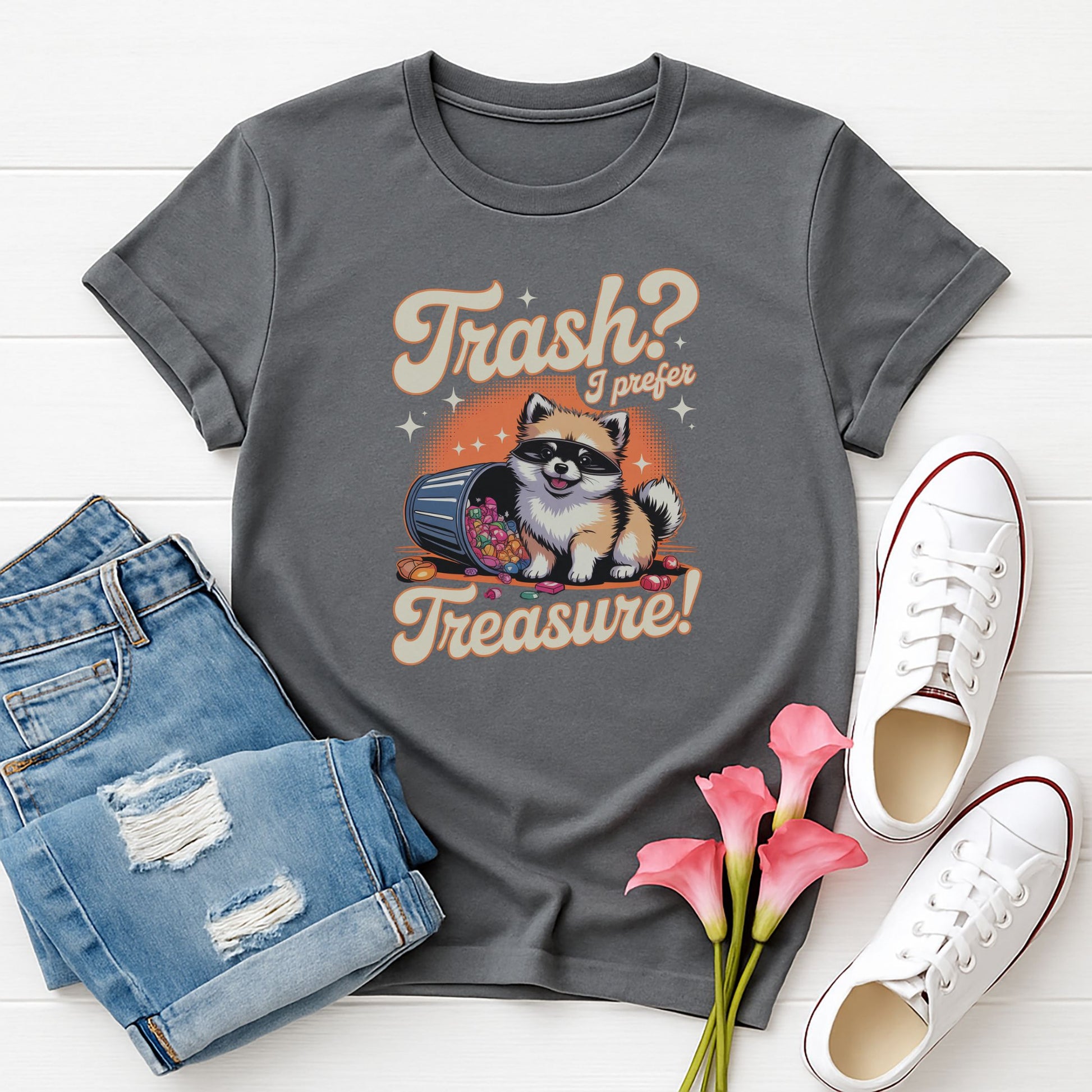 Charcoal Gray Gildan 6400 unisex t-shirt with retro dog graphic and ‘Trash? I Prefer Treasure!’ text, perfect for dog lovers.
