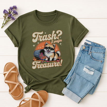 Military Green Gildan 6400 unisex t-shirt with retro dog graphic and ‘Trash? I Prefer Treasure!’ text, perfect for dog lovers.