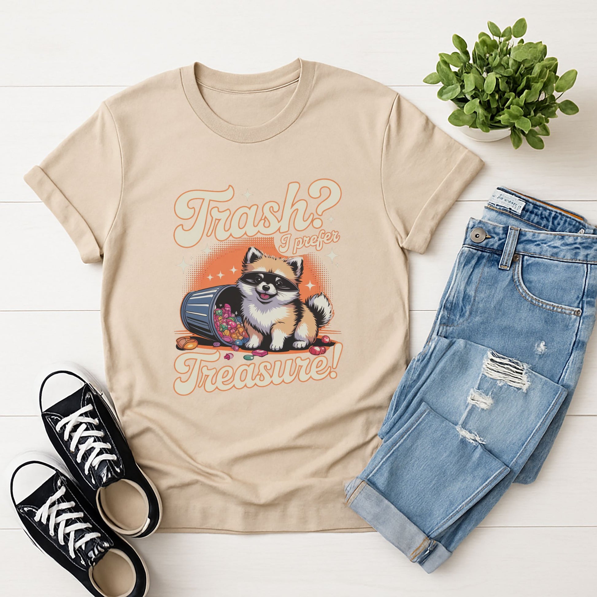 Sand Beige Gildan 6400 unisex t-shirt with retro dog graphic and ‘Trash? I Prefer Treasure!’ text, perfect for dog lovers.