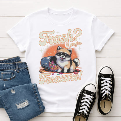 White Gildan 6400 unisex t-shirt with retro dog graphic and ‘Trash? I Prefer Treasure!’ text, perfect for dog lovers.