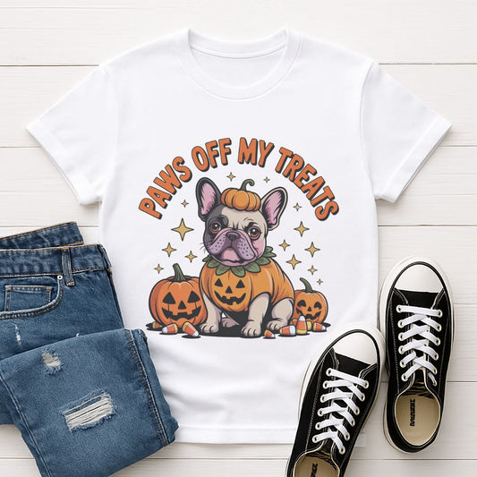 White Gildan 6400 unisex t-shirt with retro dog graphic and ‘Paws Off My Treats’ text, perfect for dog lovers.