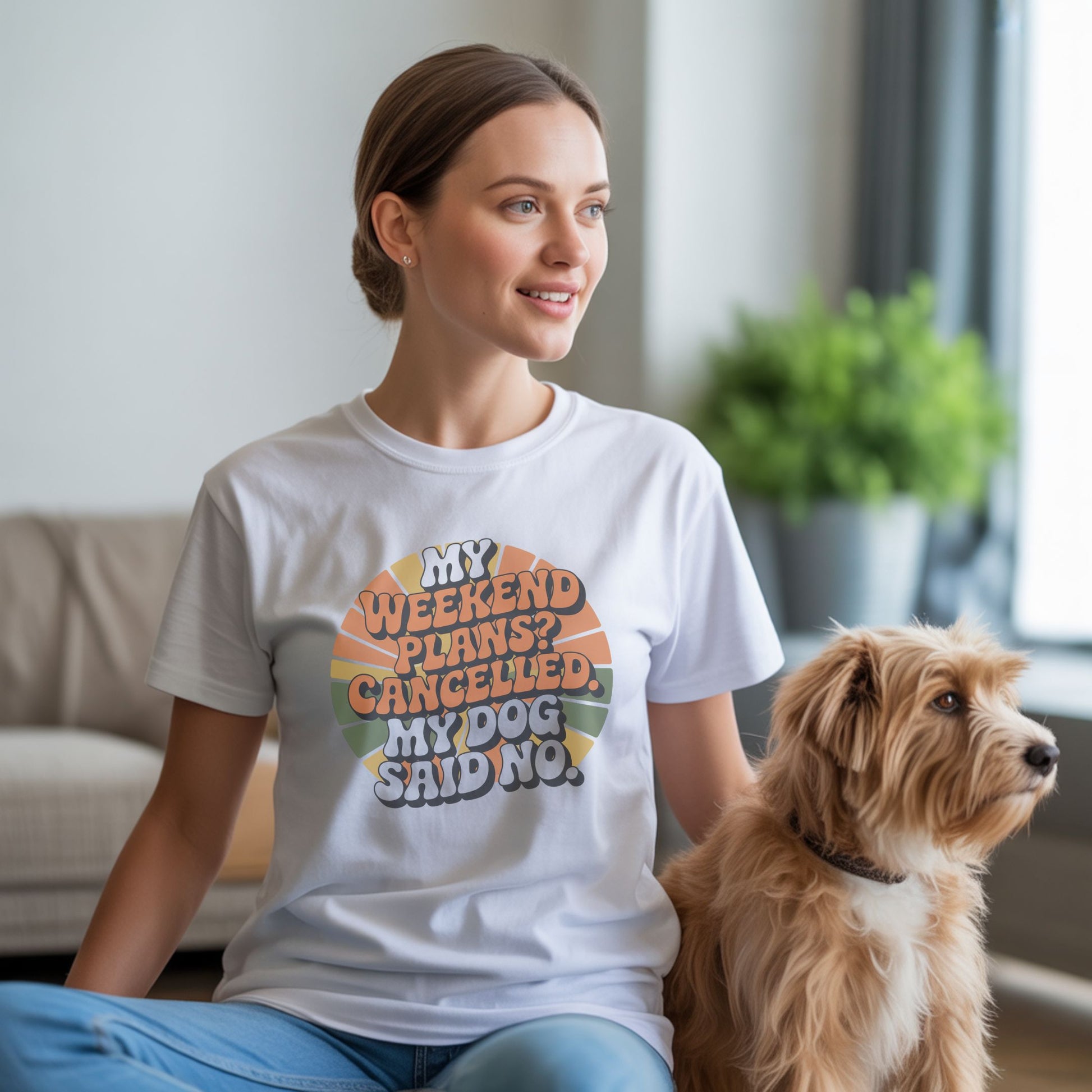 Unisex t-shirt with retro dog graphic and ‘My Weekend Plans? Cancelled. My Dog Said No’ text, perfect for dog lovers.