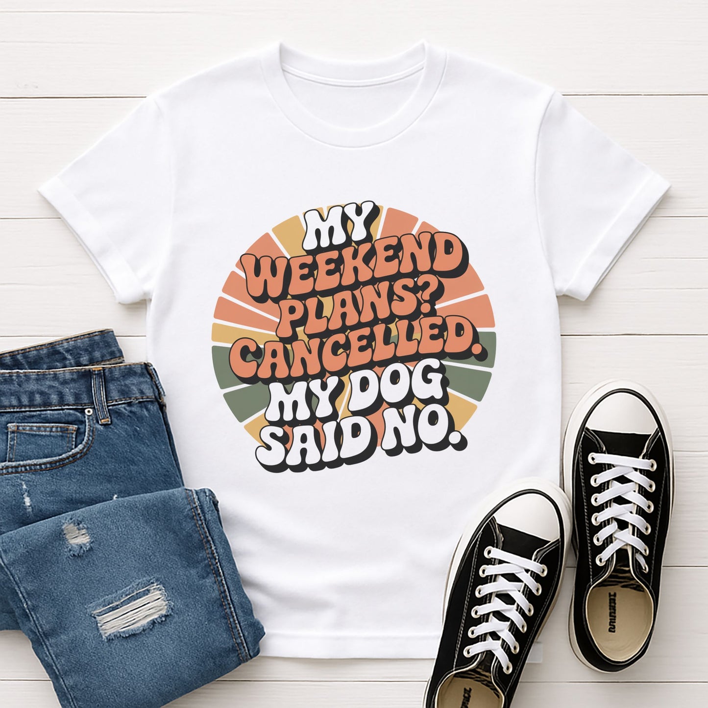 White Gildan 6400 unisex t-shirt with retro dog graphic and ‘My Weekend Plans? Cancelled. My Dog Said No’ text, perfect for dog lovers.