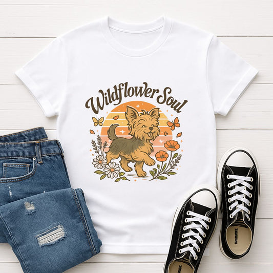 White Gildan 6400 unisex t-shirt with retro dog graphic and ‘Wildflower Soul text, perfect for dog lovers.