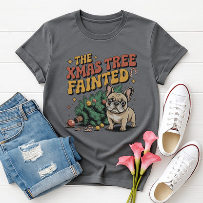 Charcoal Gray Gildan 6400 unisex t-shirt with retro dog graphic and ‘The Xmas Tree Fainted' text, perfect for dog lovers.