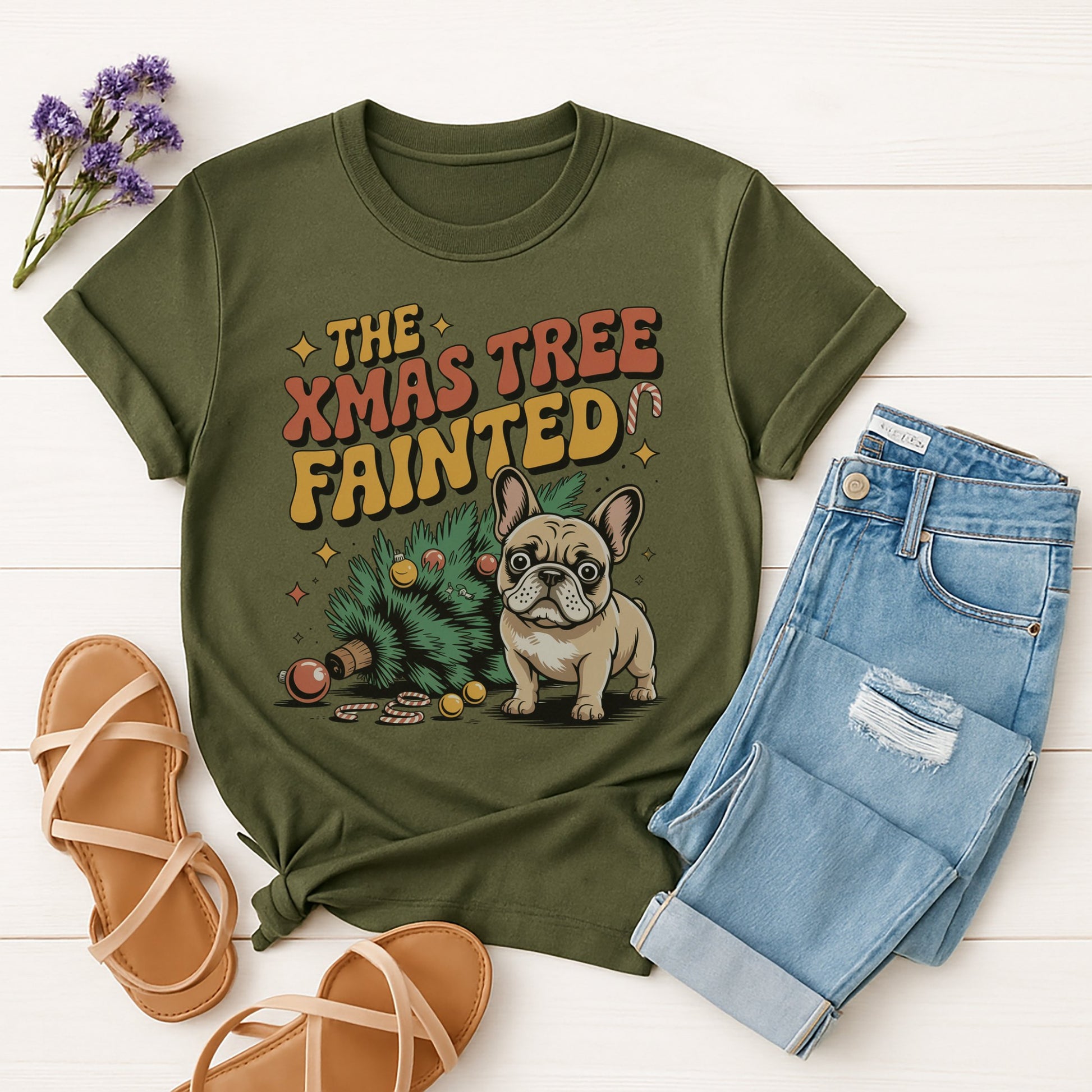 Military Green Gildan 6400 unisex t-shirt with retro dog graphic and ‘The Xmas Tree Fainted' text, perfect for dog lovers.