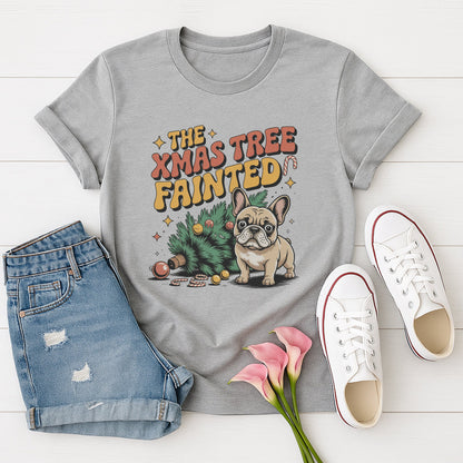 Sport Gray Gildan 6400 unisex t-shirt with retro dog graphic and ‘The Xmas Tree Fainted' text, perfect for dog lovers.
