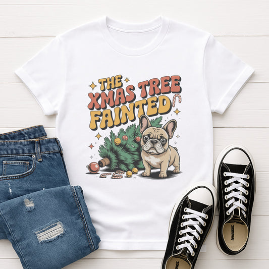 White Gildan 6400 unisex t-shirt with retro dog graphic and ‘The Xmas Tree Fainted' text, perfect for dog lovers.