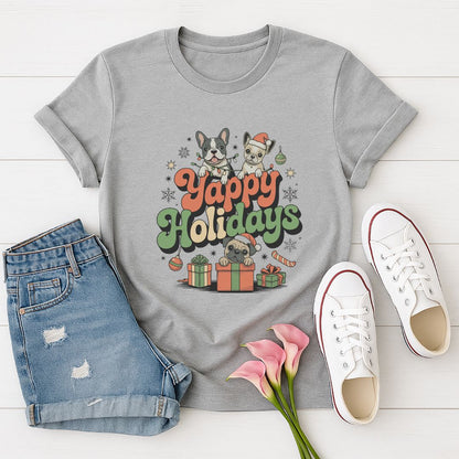 Sport Gray Gildan 6400 unisex t-shirt with retro dog graphic and ‘Yappy Holidays' text, perfect for dog lovers.
