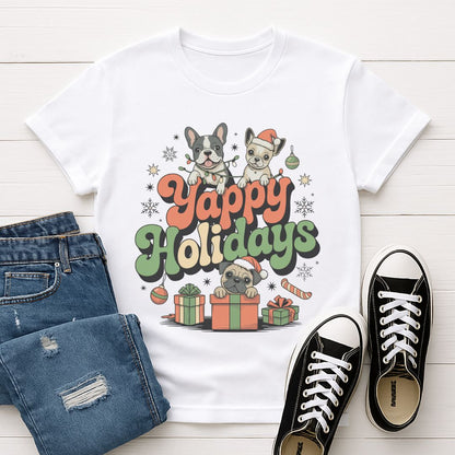 White Gildan 6400 unisex t-shirt with retro dog graphic and ‘Yappy Holidays' text, perfect for dog lovers.