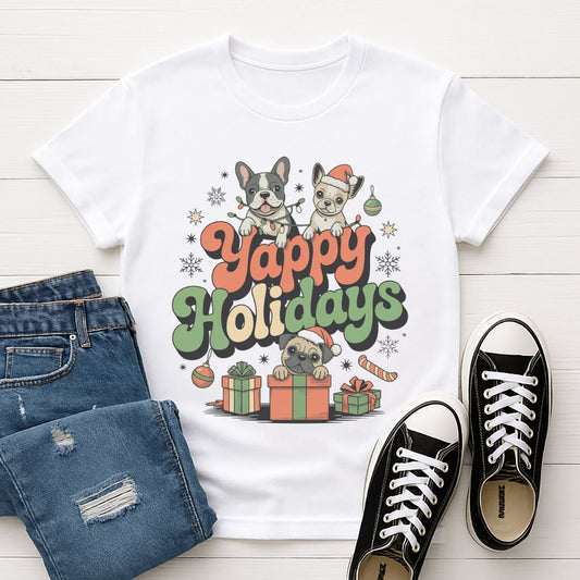 White Gildan 6400 unisex t-shirt with retro dog graphic and ‘Yappy Holidays' text, perfect for dog lovers.