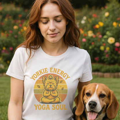 Unisex t-shirt with retro dog graphic and ‘Yorkie Energy Yoga Soul’ text, perfect for dog lovers.