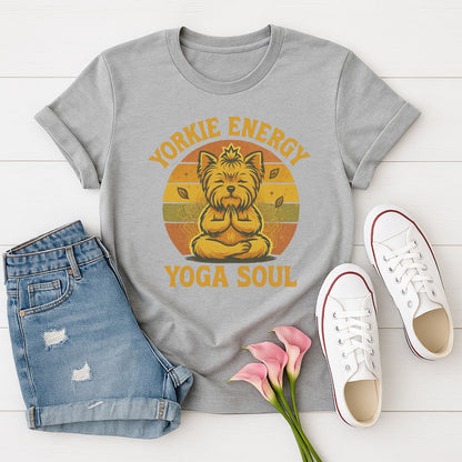Sport Gray Gildan 6400 unisex t-shirt with retro dog graphic and ‘Yorkie Energy Yoga Soul’ text, perfect for dog lovers.
