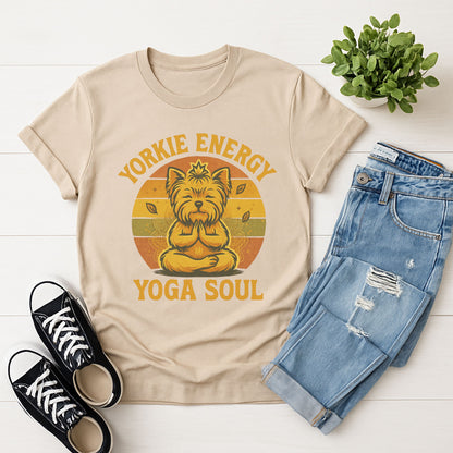 Sand Beige Gildan 6400 unisex t-shirt with retro dog graphic and ‘Yorkie Energy Yoga Soul’ text, perfect for dog lovers.