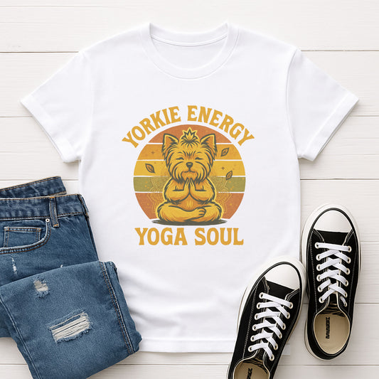 White Gildan 6400 unisex t-shirt with retro dog graphic and ‘Yorkie Energy Yoga Soul’ text, perfect for dog lovers.