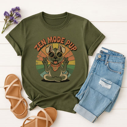 Military Green Gildan 6400 unisex t-shirt with retro dog graphic and ‘Zen Mode Pup’ text, perfect for dog lovers.