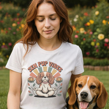 White unisex t-shirt with retro dog graphic and ‘Zen Pup Vibes’ text, perfect for dog lovers.