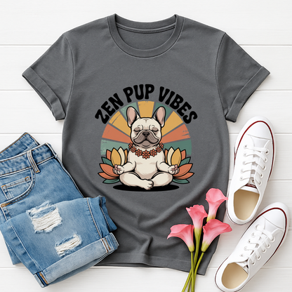 Charcoal Gray Gildan 6400 unisex t-shirt with retro dog graphic and ‘Zen Pup Vibes’ text, perfect for dog lovers.