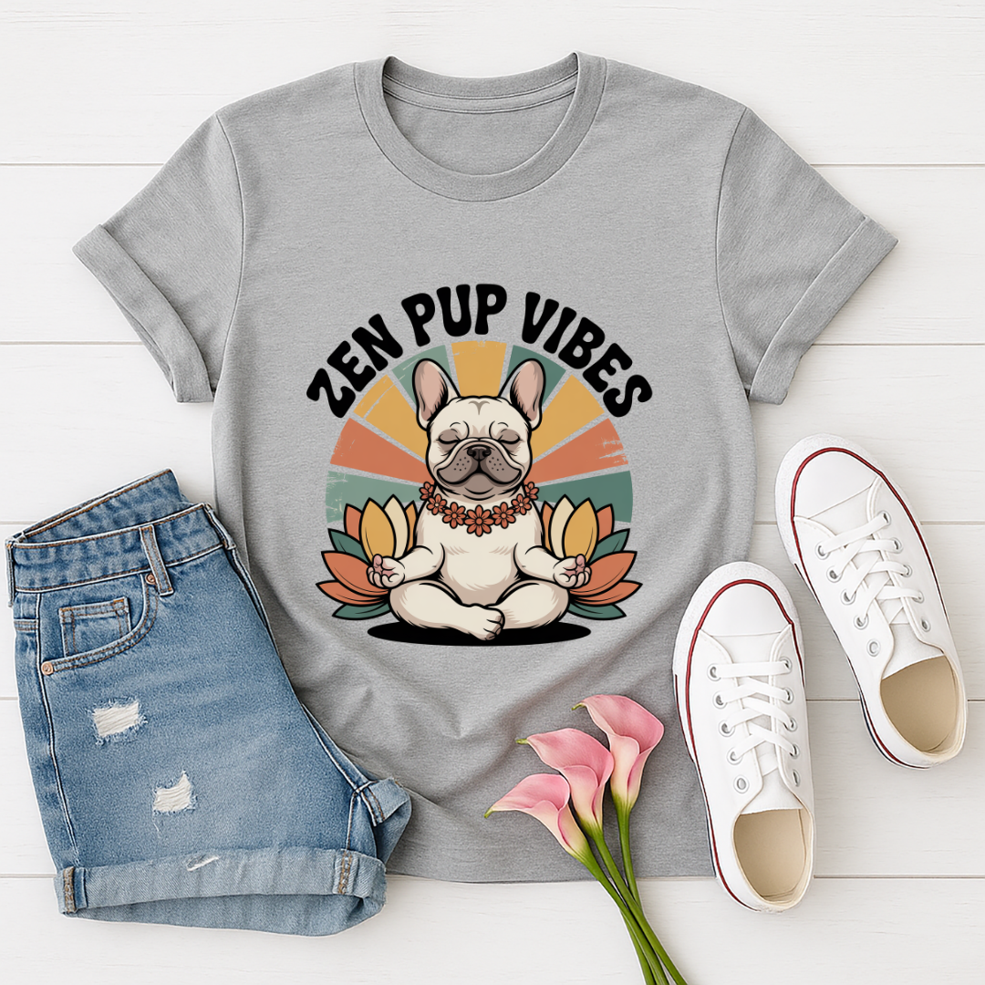 Sport Gray Gildan 6400 unisex t-shirt with retro dog graphic and ‘Zen Pup Vibes’ text, perfect for dog lovers.