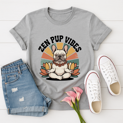 Sport Gray Gildan 6400 unisex t-shirt with retro dog graphic and ‘Zen Pup Vibes’ text, perfect for dog lovers.