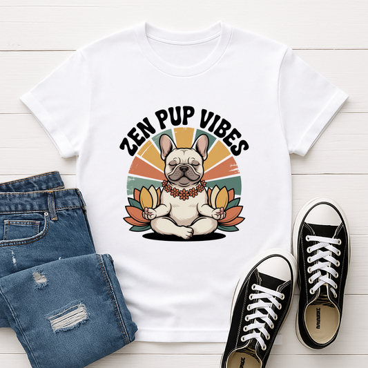 White Gildan 6400 unisex t-shirt with retro dog graphic and ‘Zen Pup Vibes’ text, perfect for dog lovers.