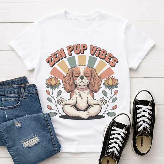 White Gildan 6400 unisex t-shirt with retro dog graphic and ‘Zen Pup Vibes’ text, perfect for dog lovers.