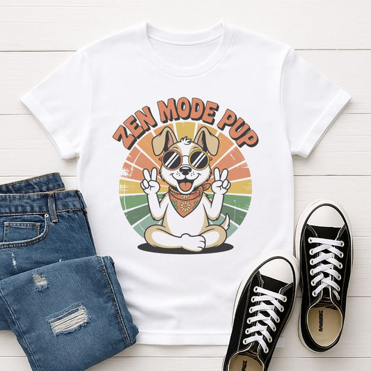 White Gildan 6400 unisex t-shirt with retro dog graphic and ‘Zen Mode Pup’ text, perfect for dog lovers.