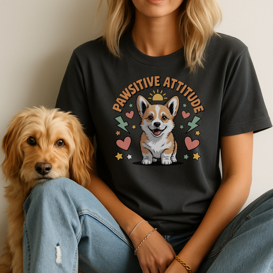 Person wearing a black t-shirt with a corgi graphic and 'PAWsitive Attitude' text, sitting next to a dog.