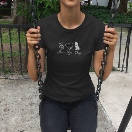 Video showing the t-shirt design 'Peace. Love. Dogs' with graphics.