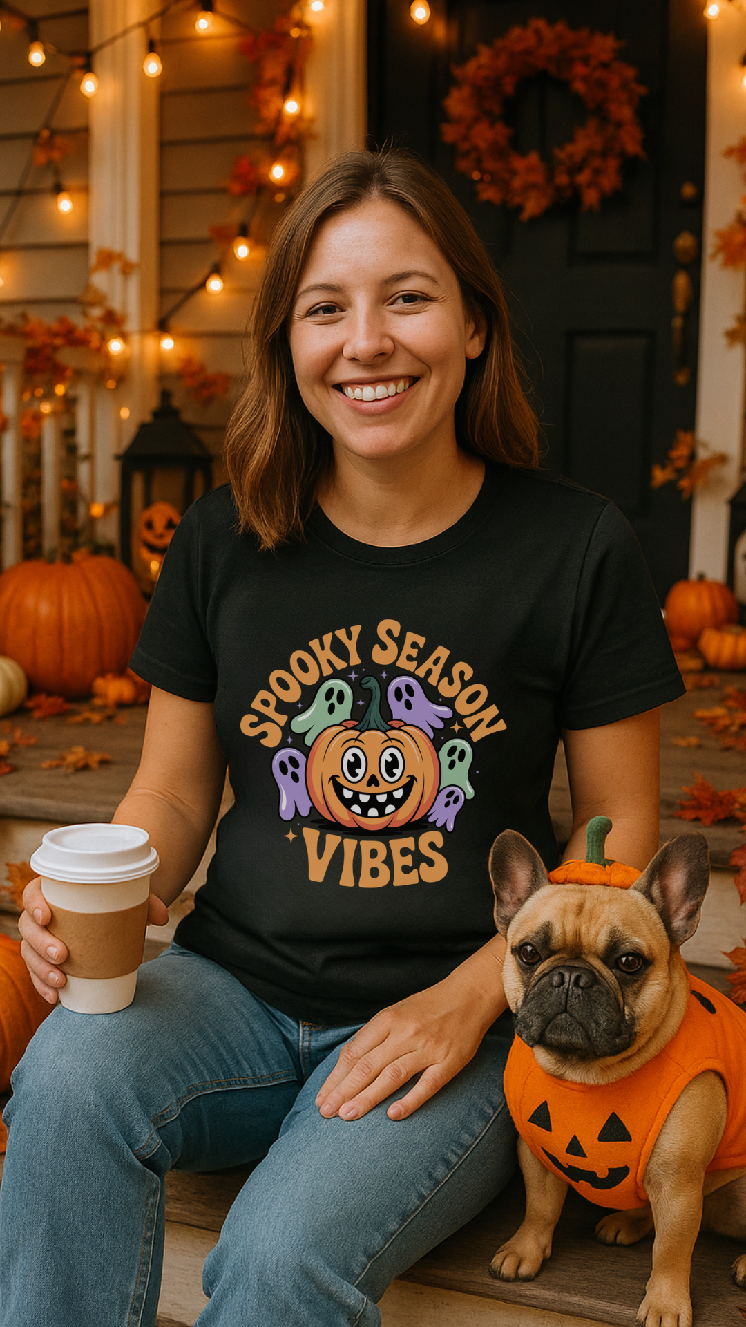 Woman wearing a 'Spooky Season Vibes' shirt with a dog in a pumpkin costume, sitting on a porch decorated for Halloween.